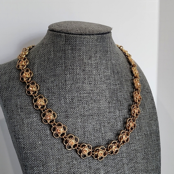 Goldtone Filigree Flower Necklace w/  Rhinestone Centers - Picture 1 of 9